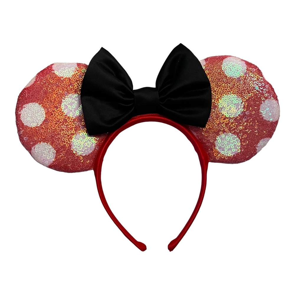 Disney Minnie Mouse Ears Headband Bow Red & White Polka Dot Sequins Black Bow